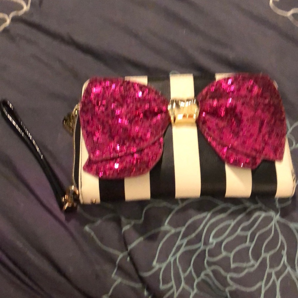 Betsey Johnson Black White Stripe Wallet with Pink Glitter Bow Coquette Vintage